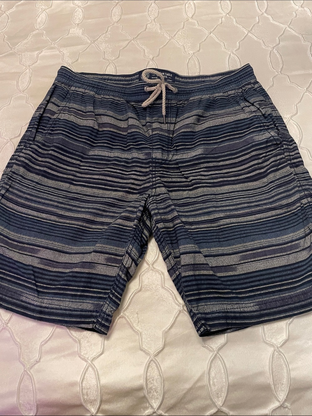 American Eagle Outfitters Navy & Gray Striped Swim Trunks